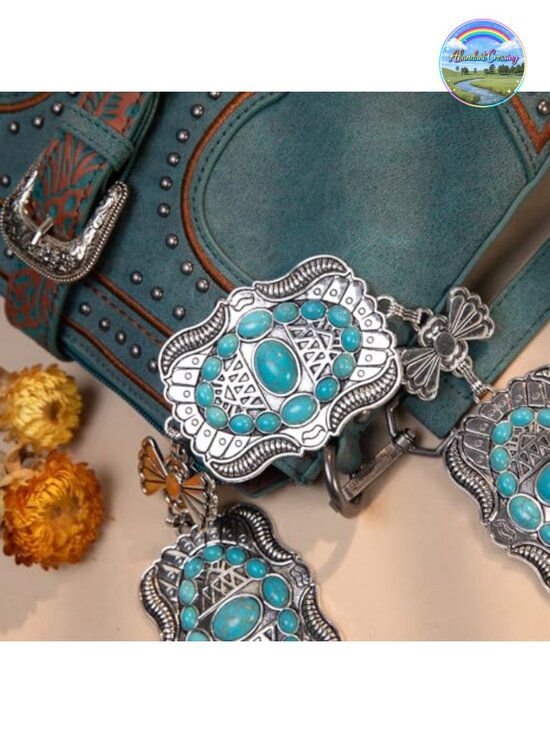 Turquoise Concho Chain Belt, Adjustable Round Link, Lobster Claw Clasp, Alloy